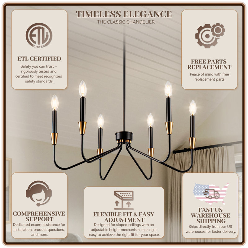 Gerbrig Dimmable Classic / Traditional Chandelier Black Farmhouse Chandeliers for Dining Room, 11.02" H x 25.9" W x 25.9" D