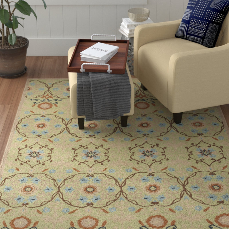Helena Floral Handmade Hooked Wool Green Area Rug, Rectangle 3'9" x 5'9"