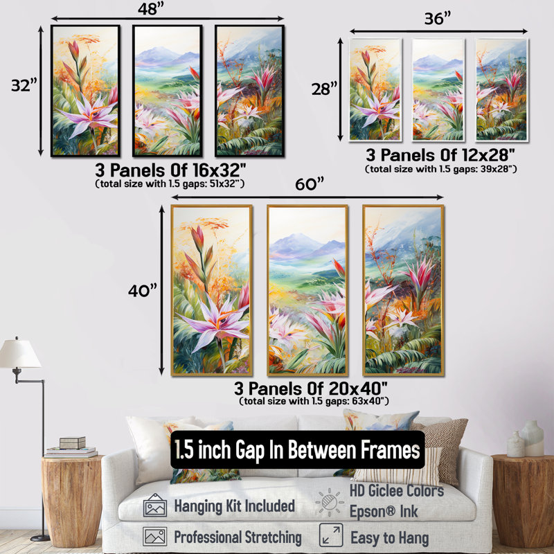 Birds Of Paradise Flowers Mountain I - Fleurs, art mural sur toile, Cadre naturel flottant, H 40 po x l 60 po x P 1 po