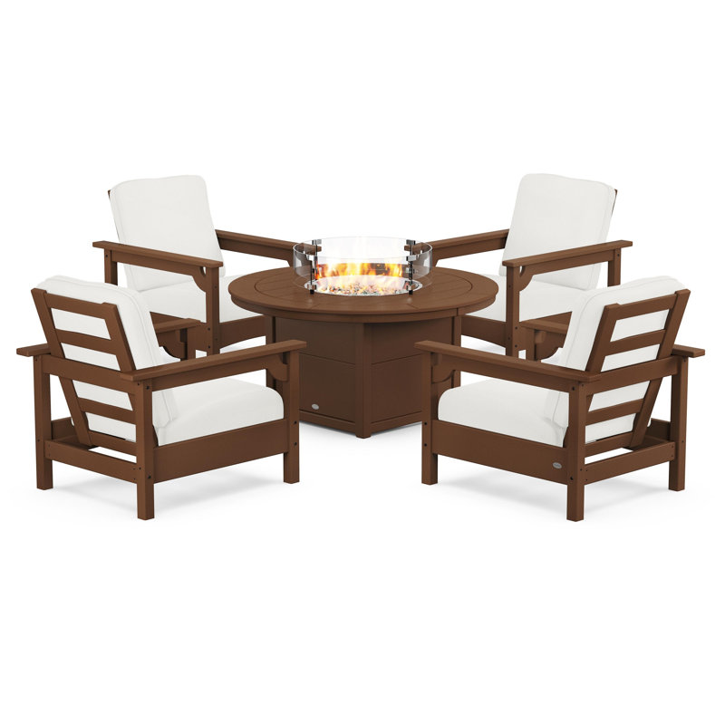 Club 5-Piece Conversation Set with Fire Pit Table, Natural Linen, Teak