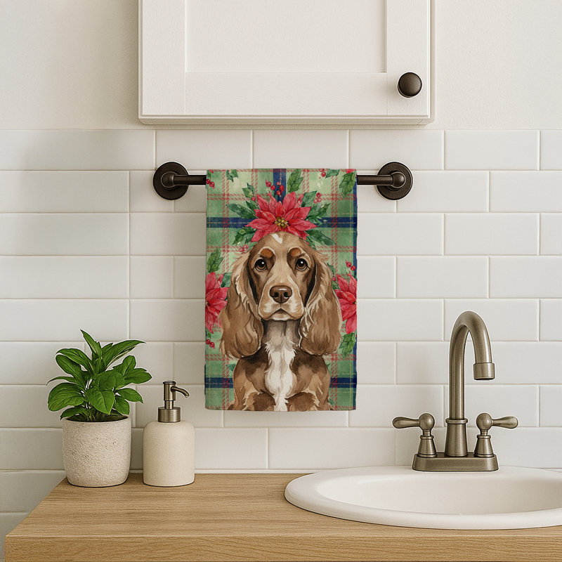 Chocolate Cocker Spaniel Christmas PoinsettIas Kitchen Towel, Chocolate Cocker Spaniel
