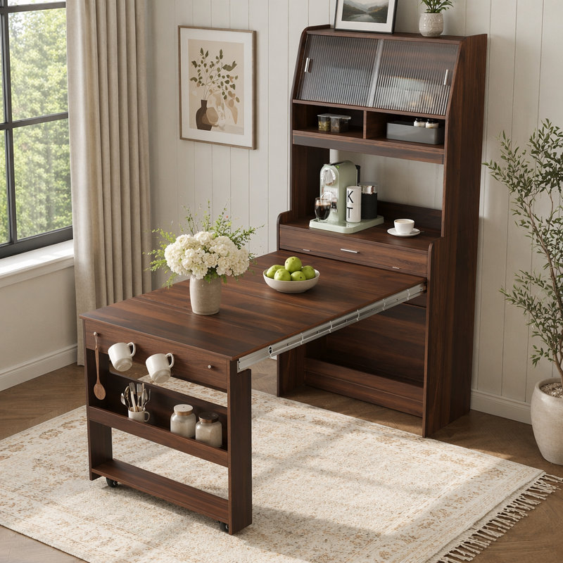 Buffet 2 en 1 avec table de salle à manger pliable extensible, buffet mobile avec armoire de rangement à porte coulissante en verre et crochets latéraux pour petit studio
