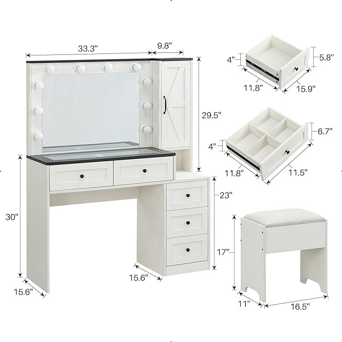 Ensemble de meuble-lavabo 43 po avec miroir à DEL et prise de courant et 5 tiroirs, ensemble de coiffeuse avec tabouret Narvis