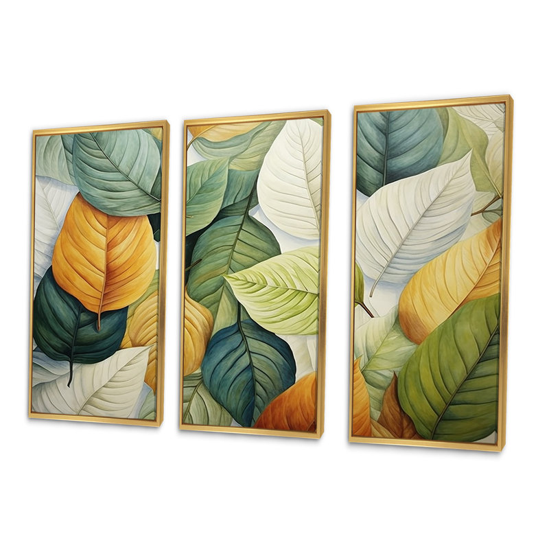 Feuilles vertes et jaunes Tranquility II - feuilles, ensemble d'art mural, Cadre flottant doré, H 28 po x l 36 po x P 1 po