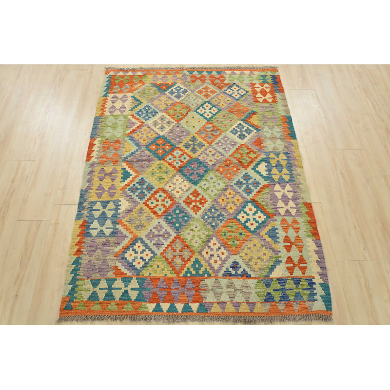 Tapis unique orange, jaune, mauve et vert de 4 pi 2 po x 5 pi 6 po
