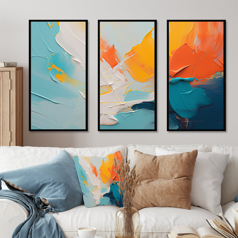 «Blue and Orange Paint Expression 2», art mural abstrait, H 28 po x l 36 po x P 1 po, Cadre flottant noir