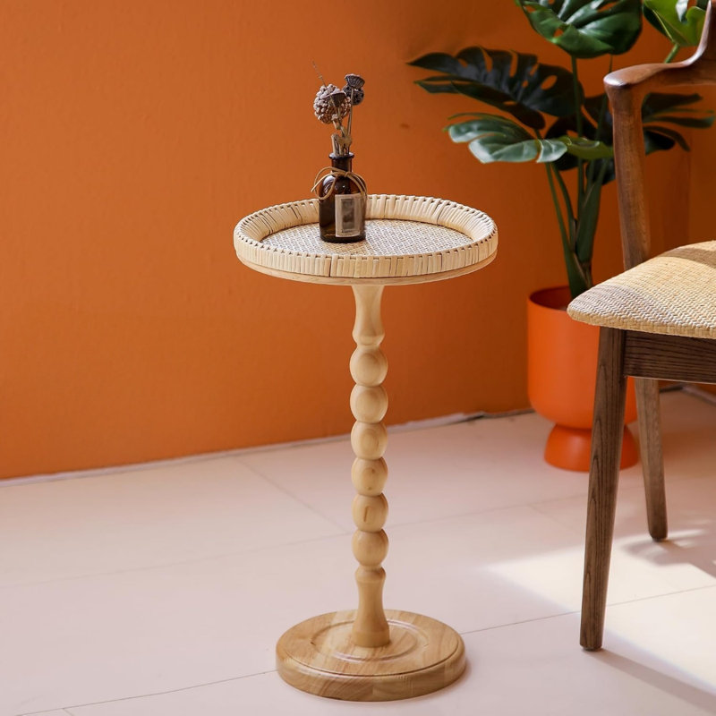 Boho Circle Side Table Coffee Table with Solid Wood Leg for Living Room
