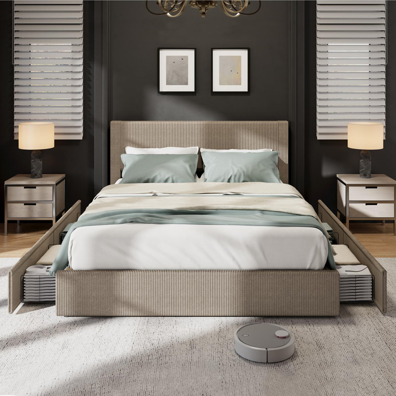 Structure de lit, structure de lit plateforme pleine grandeur avec 4 tiroirs de rangement, tête de lit tapissier en velours côtelé avec support de lattes en bois robuste, aucun sommier tapissier requis, beige