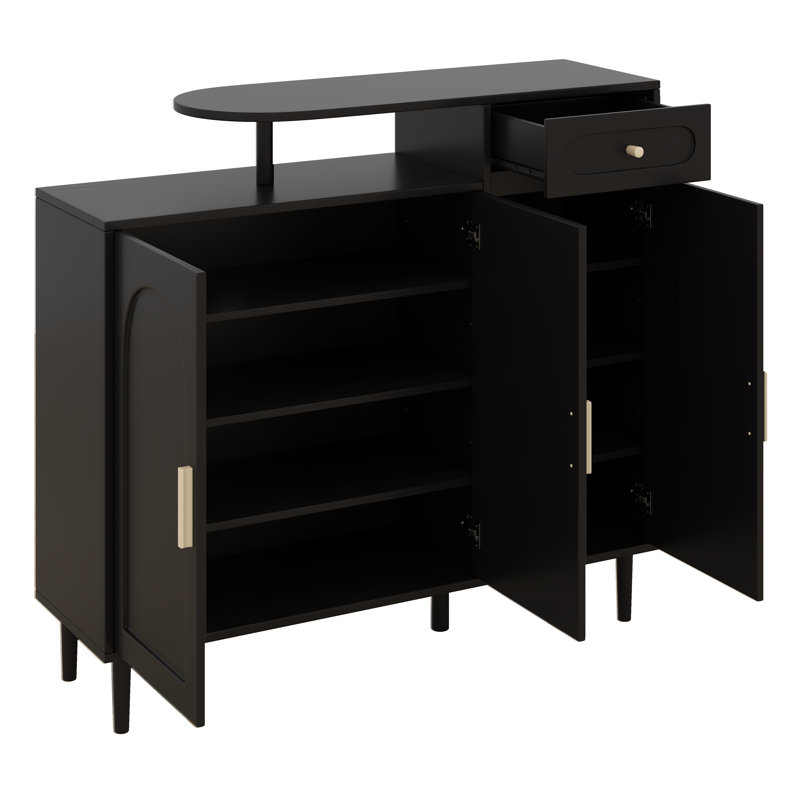 Shoe Cabinet With Adjustable Shelves, Solid Wood Legs, Arched Doors And Drawer, Storage Sideboard For Entryway, Living Room