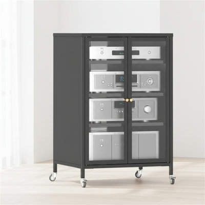 35.8-inch Tall Heavy-duty Steel-framed Rolling Storage Cabinet With 4 Adjustable Glass Shelves And Door Panels, Serving As An Av Stereo Tv Stand For The Living Room, Easy Assembly.