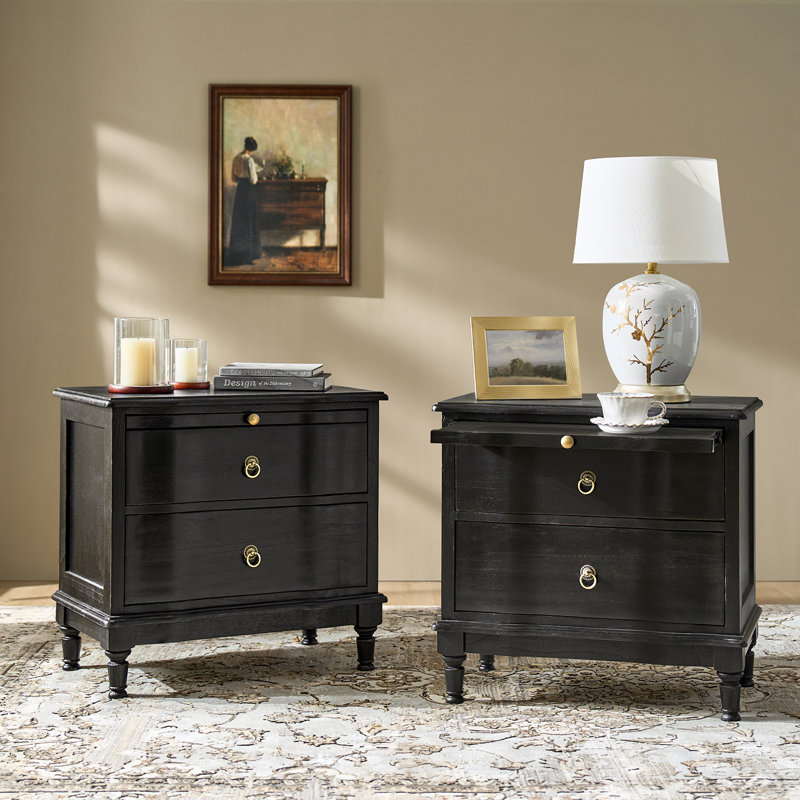 Table de bout en bois massif à 2 tiroirs de 26 po de large Sessoms, Gris anthracite