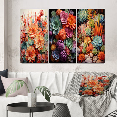 " Orange Pink Succulents Flowers " 3 - Pieces