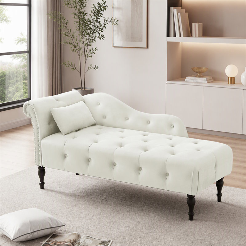 60,6 "Velours méridienne boutons capitonnés garnis de têtes de lit en bois massif avec 1 coussin, blanc (conception à accoudoir gauche)