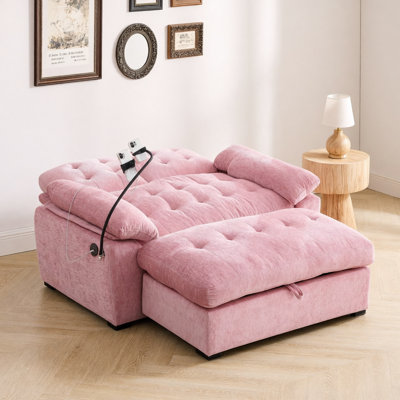 Fauteuil de loisir, fauteuil inclinable double, dossier réglable manuellement, accoudoirs rembourrés, port de charge USB latéral et support pour téléphone, livré avec un repose-pieds de rangement assorti - rose
