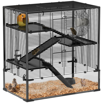 Deep Glass Bottom Hamster Cage, 4 Tiers Hamster Tank with Running Wheel, Hut, Water Bottle, Food Dish, Rat Cage, Black, 31.5"