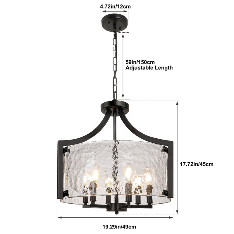 Lustre cylindrique moderne à 6 lumières de forme cylindrique avec verre texturé à l'eau: