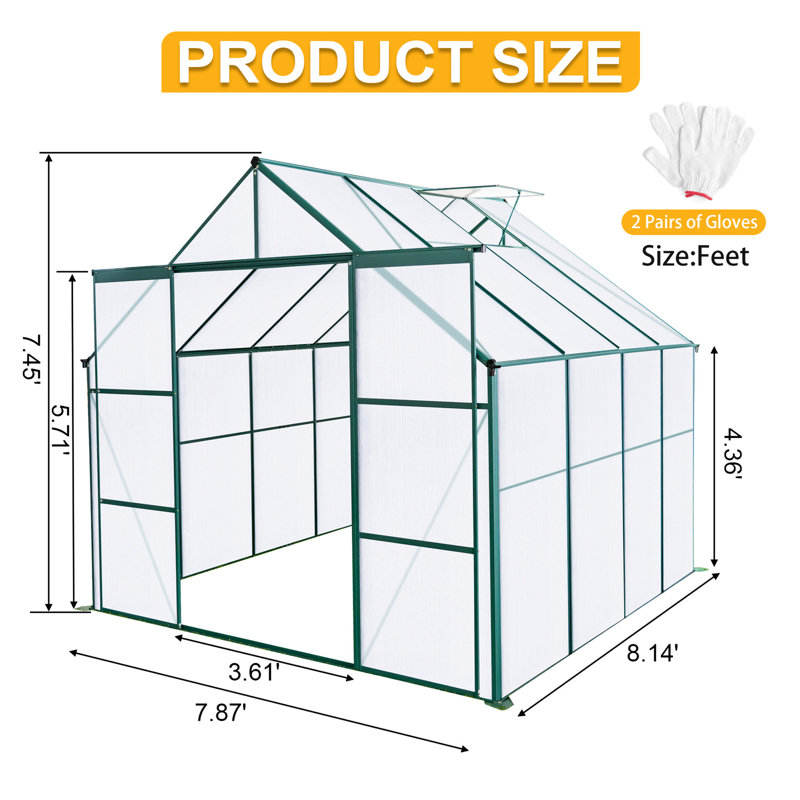 Serre en polycarbonate de 8 pi x 8 pi Walk-in, base robuste et galvanisée pour le jardinage extérieur toute l'année, avec des plantes de jardin