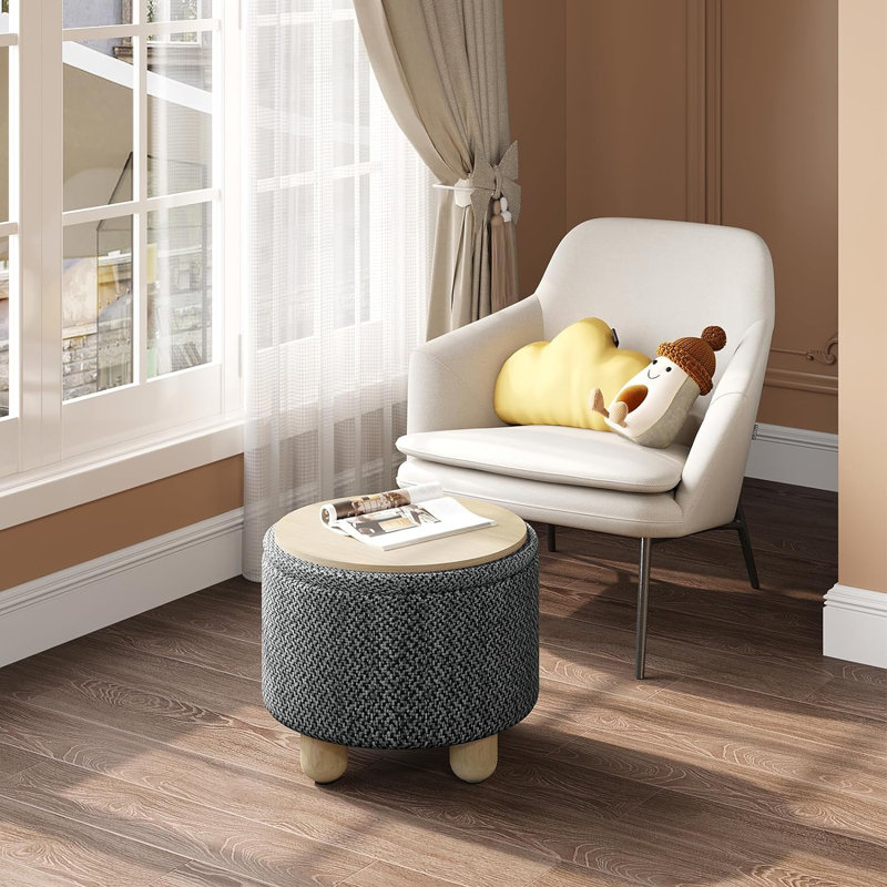 Othella 39cm Wide Round Ottoman with Storage, Dark Gray Linen