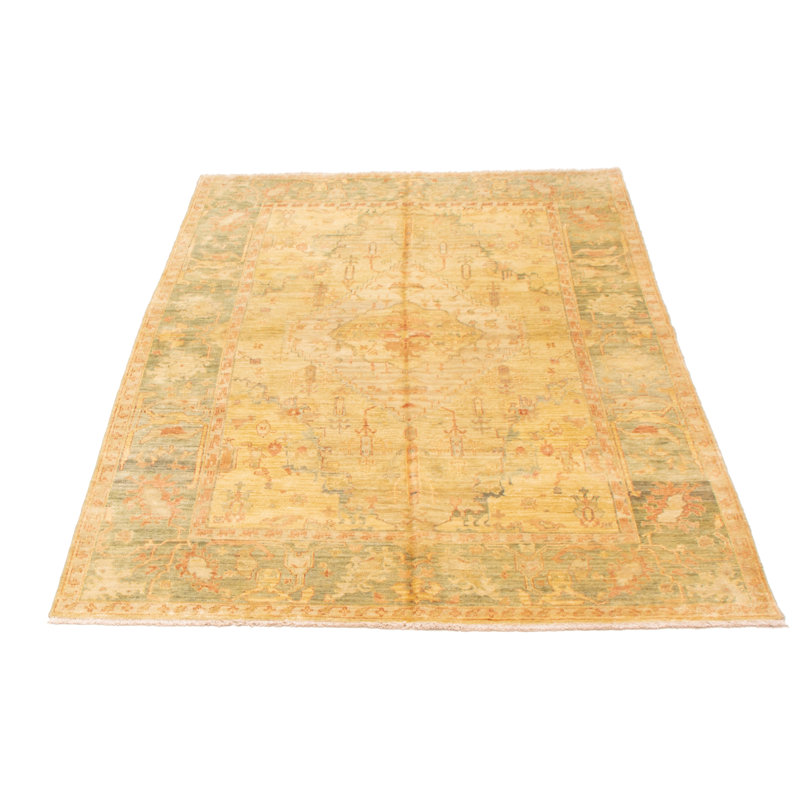 Tapis jaune / gris en laine noué à la main de conception unique 6 pi 2 po x 8 pi 10 po Peshawar
