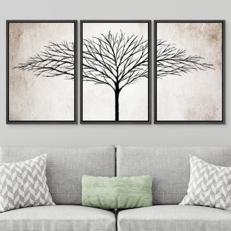 Minimalist Tree " Grunge Tree Silhouette Wilderness Plants Illustration Modern Art Farmhouse Country " 3 - Pieces, Noir