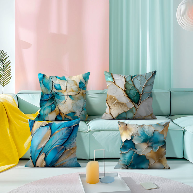 4 housses de coussin décoratives à motif de feuilles dorées