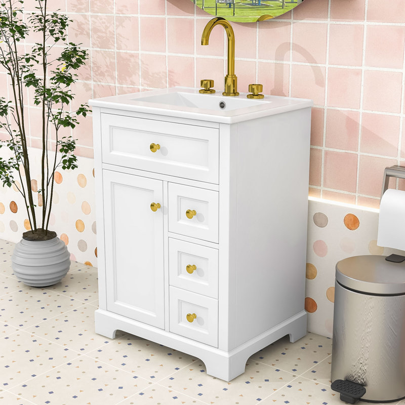 Meuble-lavabo compact compact avec lavabo en céramique lisse, charnières à fermeture en douceur et grand espace de rangement