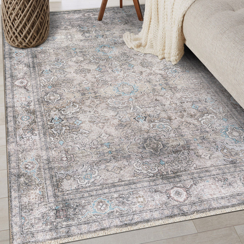 Kromer Oriental Machine Washable Red/Beige Area Rug, Rectangle 3'4" x 5'