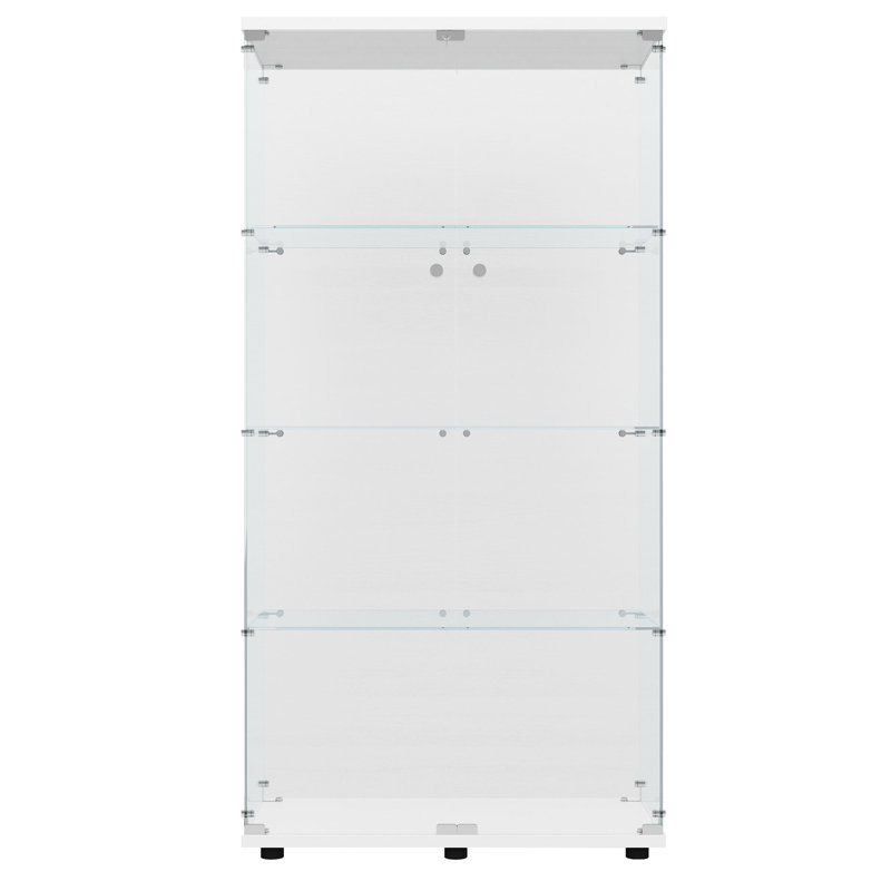 Armoire en verre trempé blanc avec lumières télécommandées et serrure, 3 à 4 tablettes, pieds réglables pour les pieds de dossier, éclairage intégré
