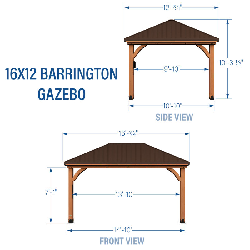 Barrington 16 ft x 12 ft Cedar Wood Gazebo with Steel Roof