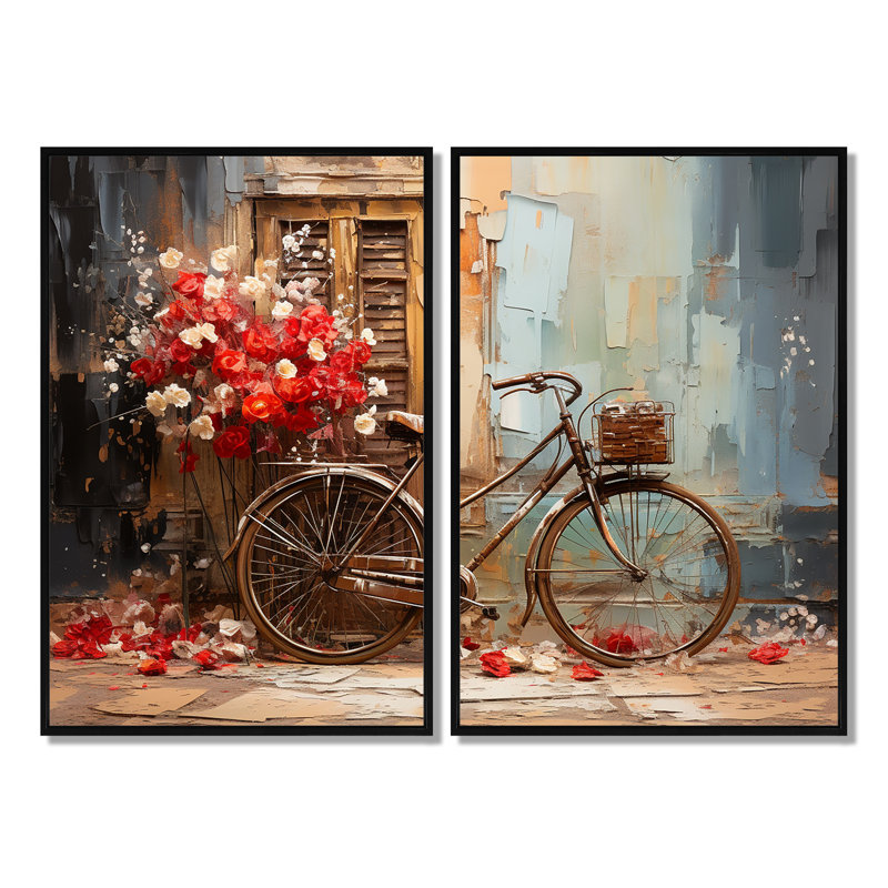 Crimson Ride Red Flowers - Art mural moderne 2 panneaux, H 36 po x l 48 po, Impression encadrée flottante, Noir