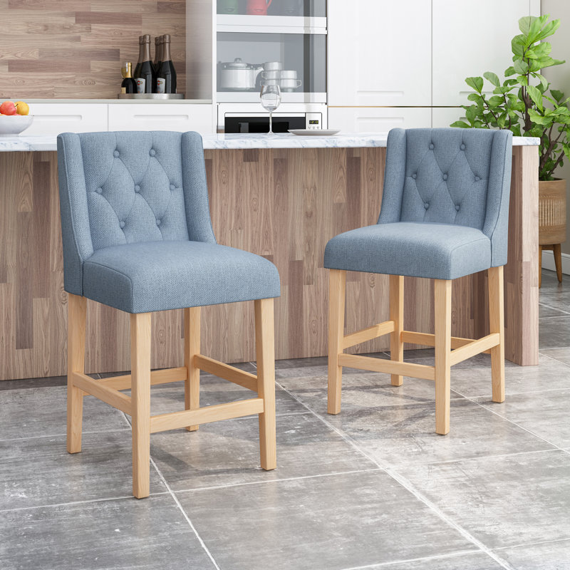  Ensemble de 2 tabourets de comptoir rembourrés avec dossier capitonné, siège rembourré et pieds en bois naturel, design moderne élégant pour îlot de cuisine, bar ou salle à manger, bleu clair