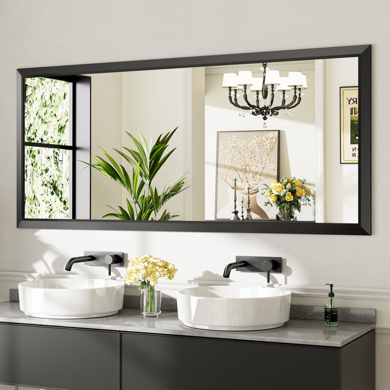 Miroirs de salle de bain modernes et contemporains en métal biseauté rectangulaire / carré avec verre trempé HD, Noir mat