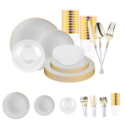 Service de table jetable en plastique biologique gris et or - 120 couverts