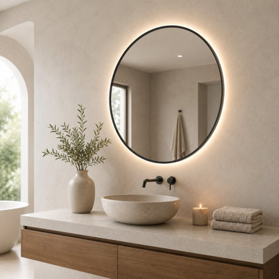Miroir de salle de bain 28 po avec cadre en aluminium noir à DEL à intensité variable avec fonction antibuée