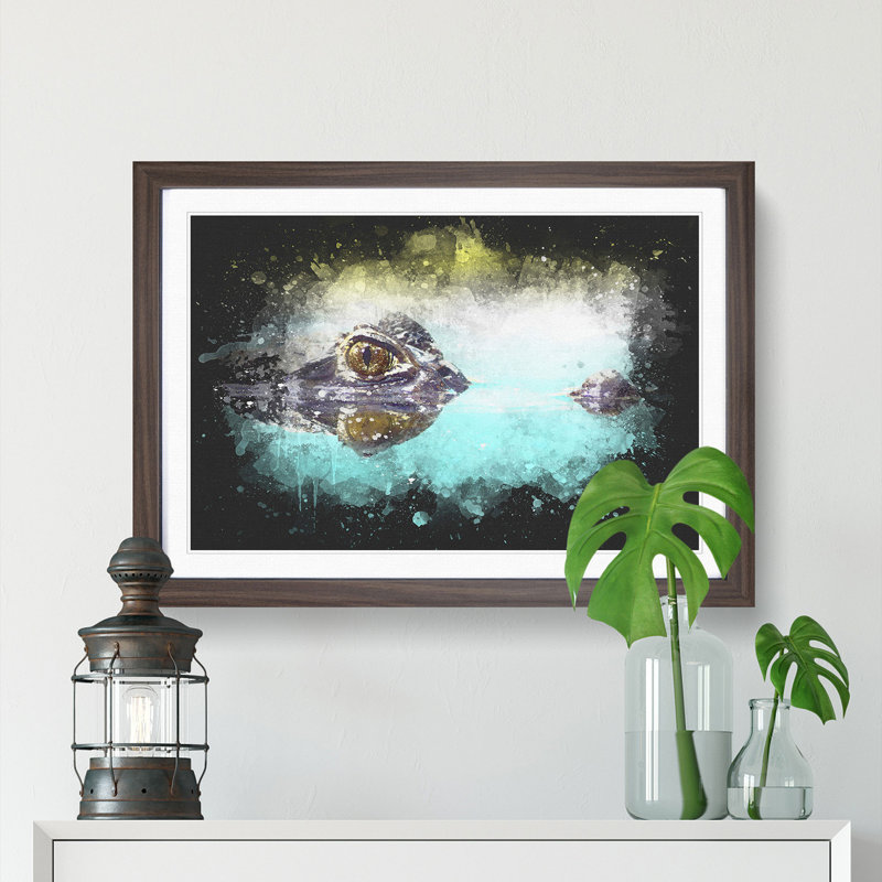 Peering Crocodile - Picture Frame Graphic Art Print, 24cm H x 33cm W x 2cm D, Walnut Framed