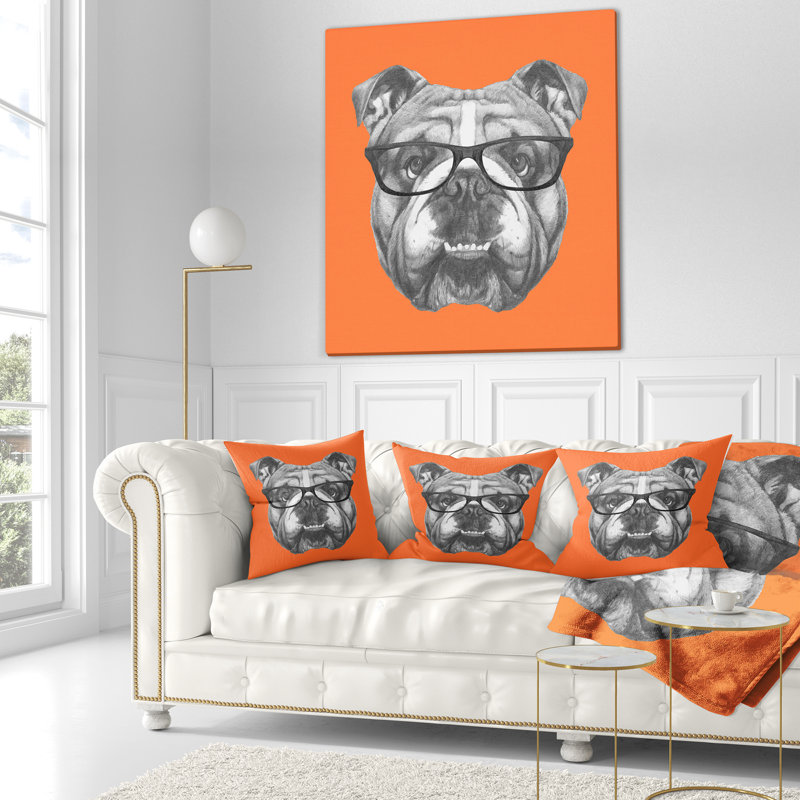 Bouledogue anglais avec lunettes - coussin imprimé animal, 16 po x 1 po, Coussin décoratif