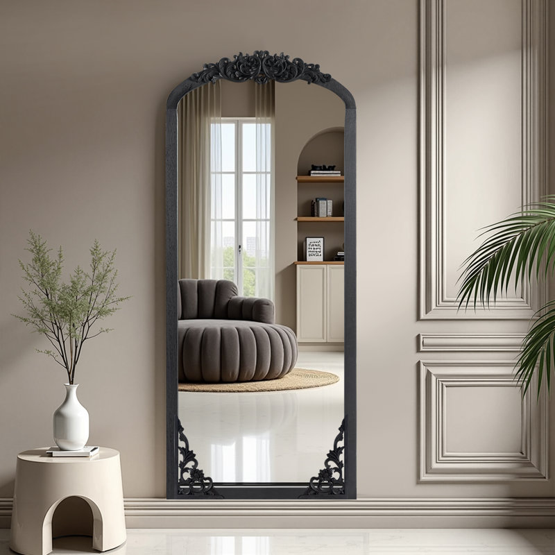 Miroir rétro avec cadre sculpté, 67 po x 28 po, Noir, noir, noir, noir