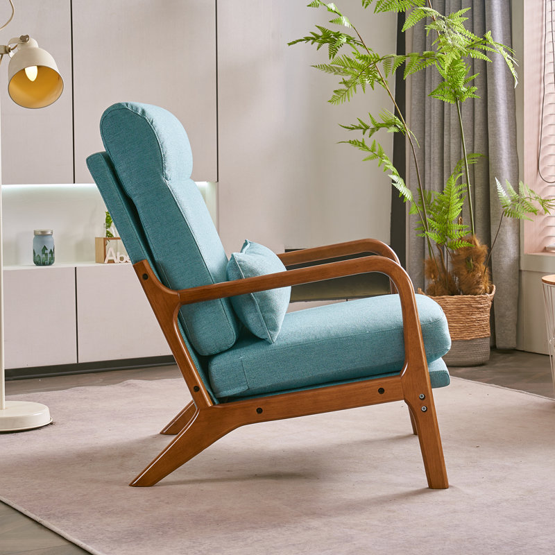 Teal Linen Mid-Century Modern Armchair with Pillow and Wood Frame