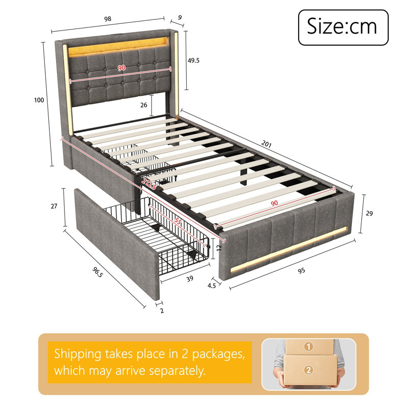 European Single (90 x 200 cm) Drawers Bed Frame, Grey