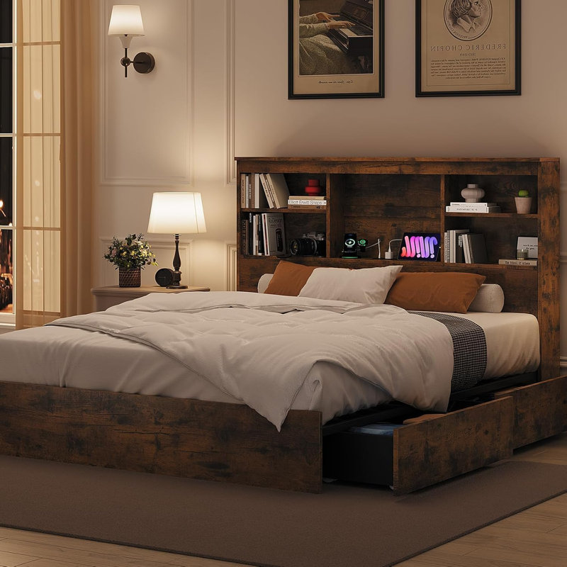 Base de lit haute avec 4 tiroirs de rangement, Full / Double, Brown