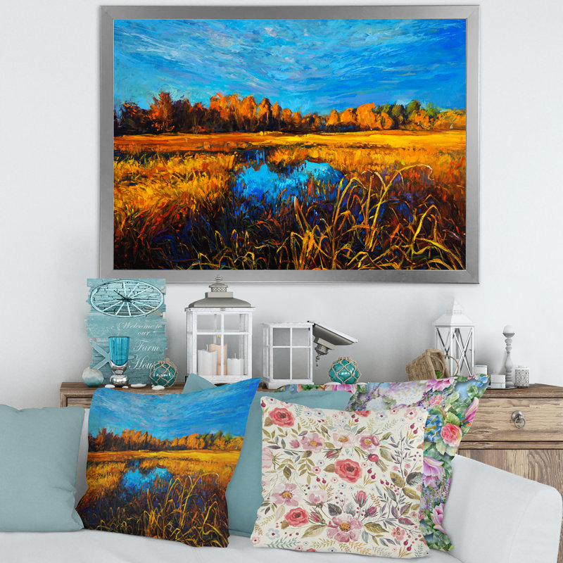 Orange Meadows sous un ciel bleu clair - peinture sur toile, H 30 po x l 40 po x 1,5 po, Cadre photo argenté