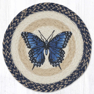  Blue Swallowtail Butterfly Printed Round Jute Trivet 10"x10"