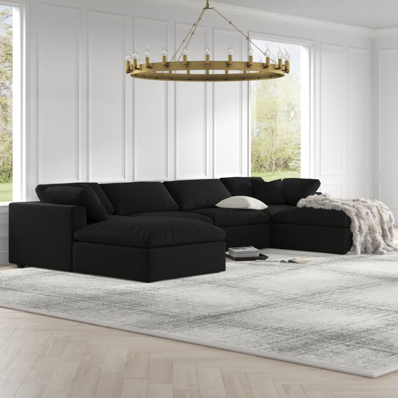 Burrows 158" Wide Linen Down Cushion Modular Sofa & Chaise with Ottoman, Black Linen Textured Fabric