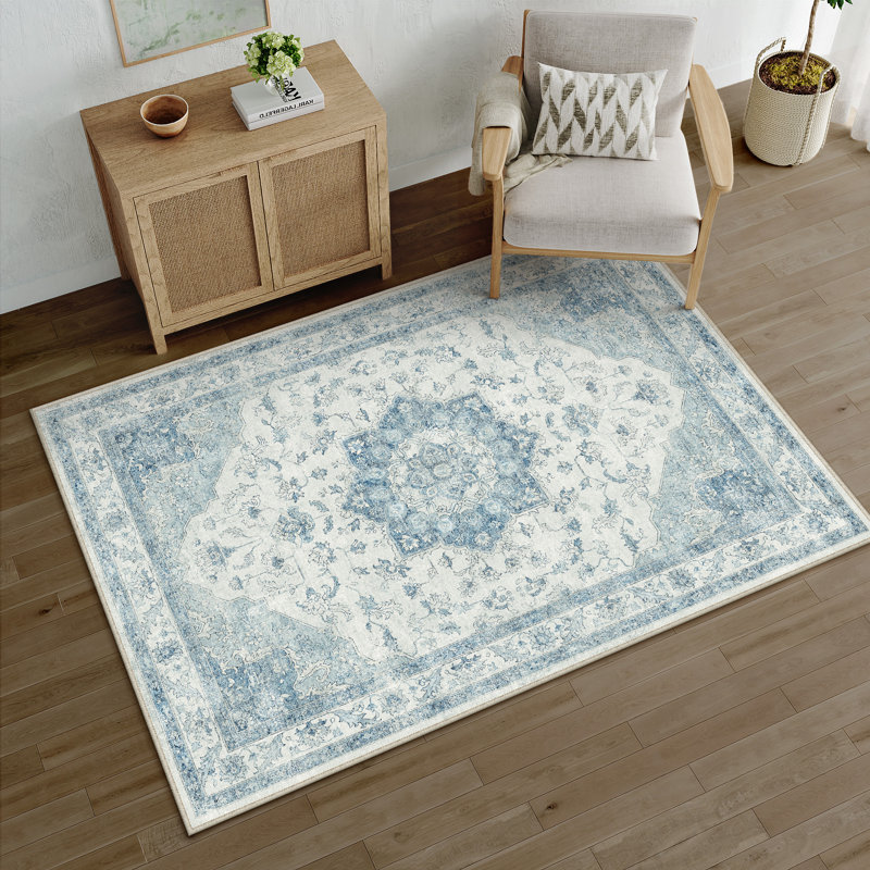 Stella Machine Washable Oriental Blue Area Rug, Rectangle 3' x 5', Blue, 0.28"