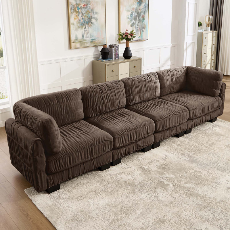 Canapé d'angle modulaire 4 places en chenille à détails froncés, mousse haute densité, coussins de dossier épais en forme de L, montage facile, pour salon, chambre