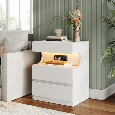 Smart Nightstand with App-Controlled LED Lights, Modern Bedside Table with Charging Station, 3 Drawers & U-Shape Open Shelf, White End Table with USB Ports & AC Outlets for Bedroom