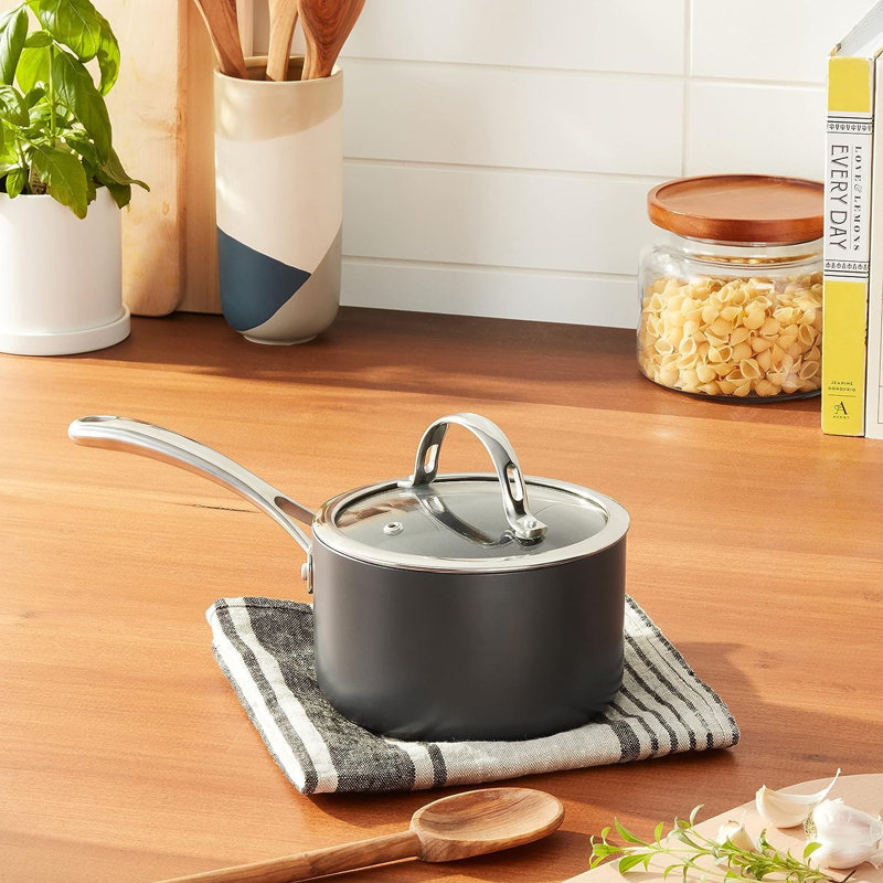 Cooks Standard Classic 1 Quart Nonstick Saucepan with Glass Lid, Hard Anodized Non Stick Sauce Pan, Small Kitchen Cooking Sauce Pot Mini Milk Pan, Dishwasher Safe Cookware, Black