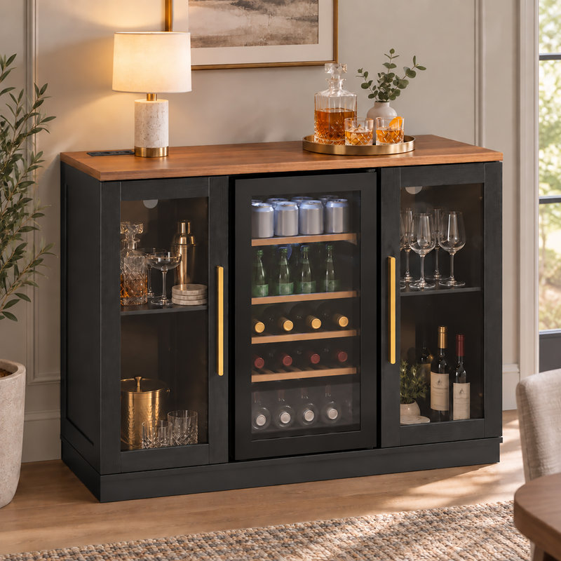 53’’ Coffee Bar Cabinet with Mini Fridge Space, Outlet and 2 Glass Doors