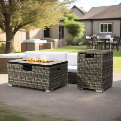 Foyer de table au propane 32 pouces avec couvercle, structure en acier rectangulaire de 50 000 BTU et base en osier pour l'extérieur