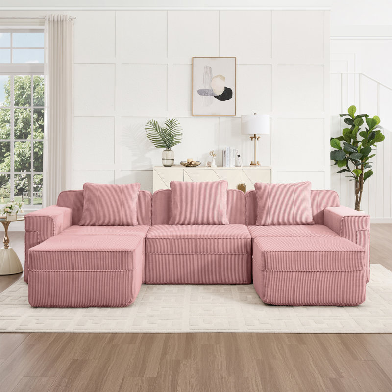 Canapé modulaire modulaire à 3 places en forme de U sans os, canapé modulaire Cloud avec assise profonde, canapé modulaire moderne à 3 places avec coussins décoratifs et 2 repose-pieds mobiles, tissu velours côtelé rose